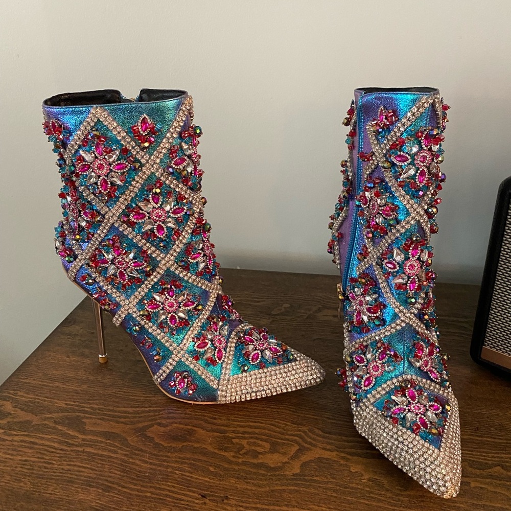 Azalea Wang Crisp Iridescent Art Deco Crystal and Beaded Dress Booties
